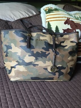 Michael Kors Camouflage Leather Tote - Green, Brown, Tan